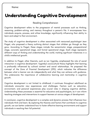 Understanding Cognitive Development: Reading Comprehension Passages ...