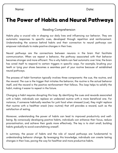 The Power of Habits and Neural Pathways: Reading Comprehension Passages ...
