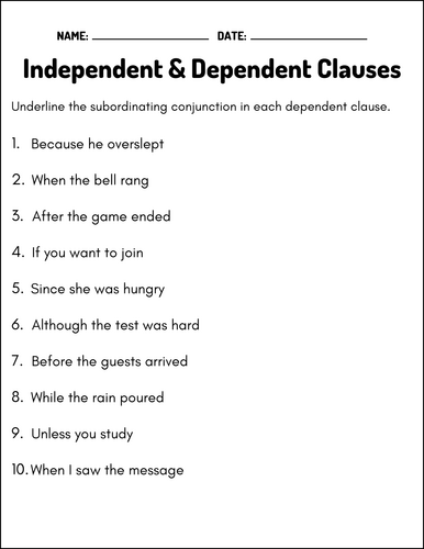 Independent and Dependent Clauses Worksheets | ELA Grammar Practice ...