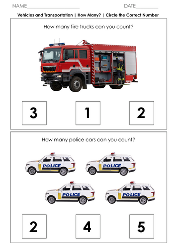 Vehicles and Transportation Counting Worksheets Real Photos Preschool ...
