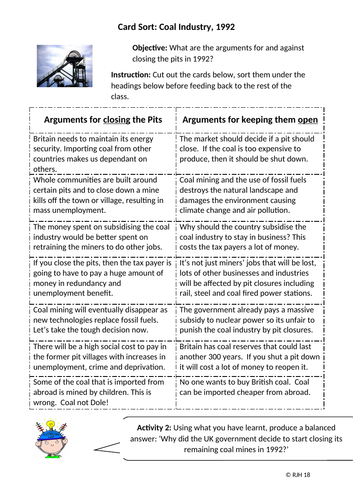 Card Sort: What were the arguments for & against Pit Closures in 1992?
