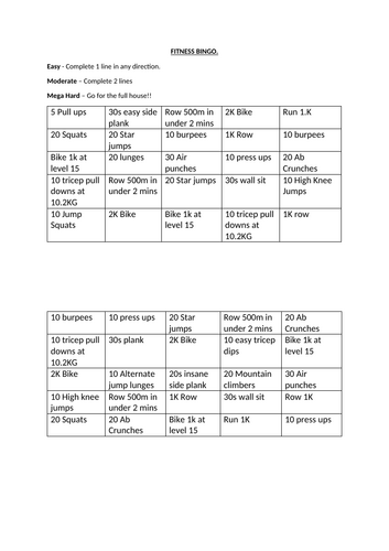 Fitness bingo
