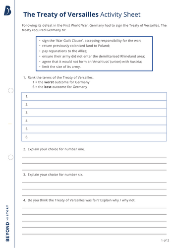 Treaty of Versailles Worksheet | Teaching Resources