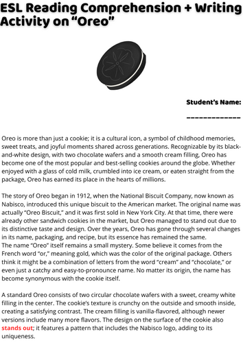 ESL Reading Comprehension + Writing Activity Worksheets on "Oreo ...