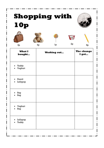 Adding and change from 10p - ks1 money worksheets