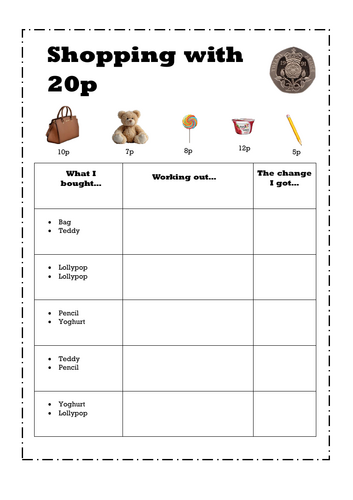 Adding and change from 20p - ks1 money worksheets