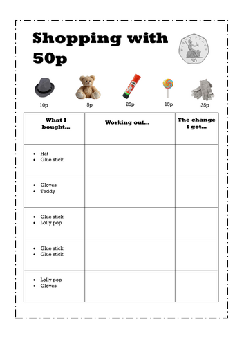 Adding and change from 50p - ks1 money worksheets