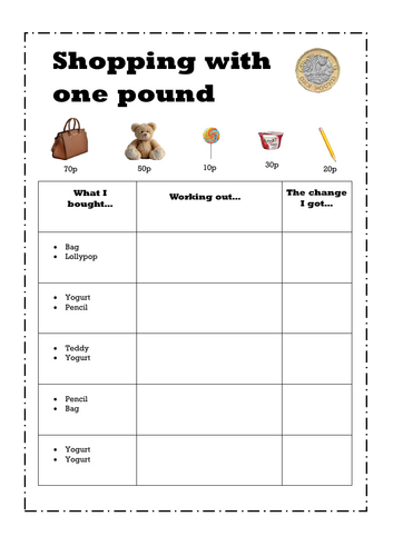 Adding and change from £1 - ks1/Lks2 money worksheets