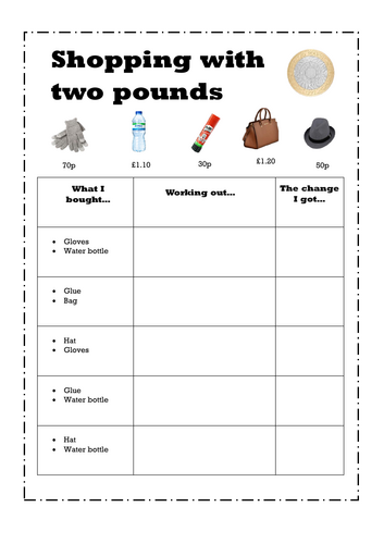 Adding and change from £2 - ks1/Lks2 money worksheets