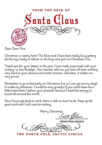 Santa letter to year one