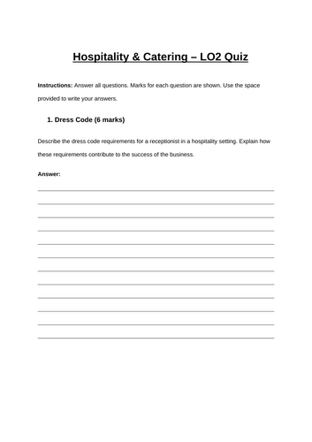 Hospitality & Catering LO2 Quiz – Customer Service, Catering, and ...