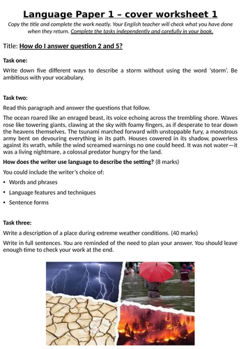 Cover lessons / worksheets GCSE English Language Paper 1 x 3 | Teaching ...