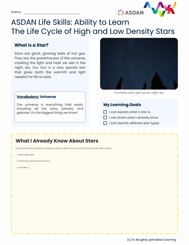 ASDAN Life Skills - Literacy - Life Cycle of High and Low Density Stars