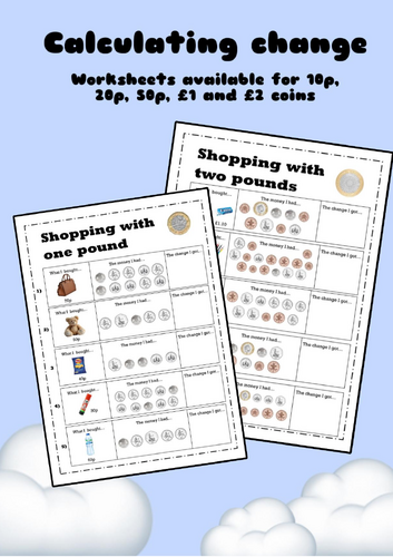 Adding and change from £1 -With coins - ks1/Lks2 money worksheets
