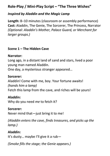Aladdin – Role-Play Mini-Play Script – The Three Wishes