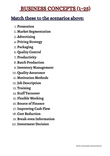 GCSE Business: Case Study Matching Worksheet (25 Questions + Answers ...