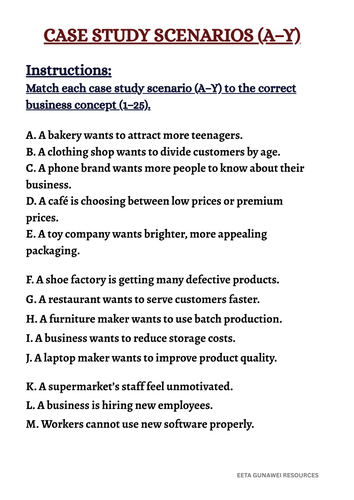 GCSE Business: Case Study Matching Worksheet (25 Questions + Answers ...