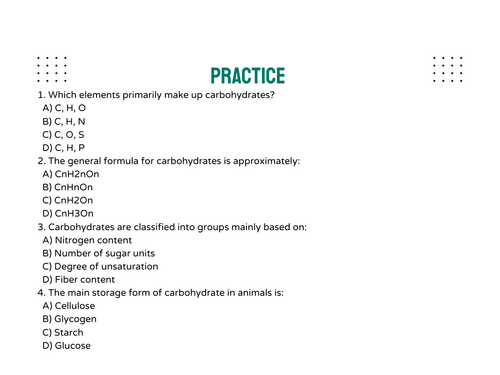 Food and Nutrition: Carbohydrates Exam Practice | Teaching Resources