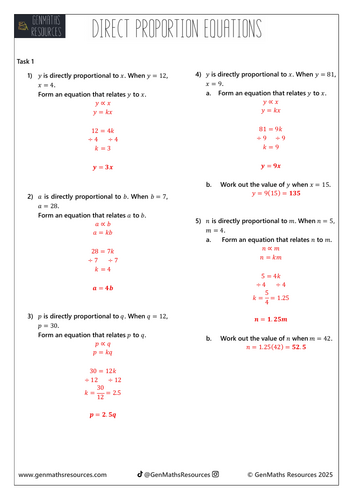 Direct Proportion Equations - Maths Higher GCSE Worksheet | Teaching ...