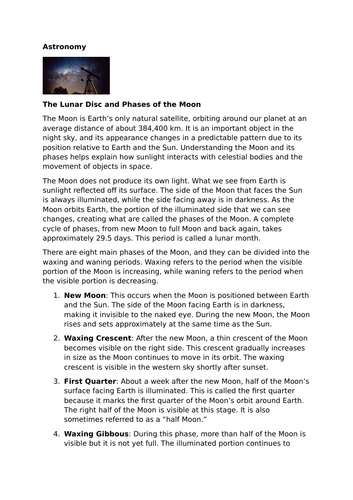 The Lunar Disc and Phases of the Moon | Teaching Resources