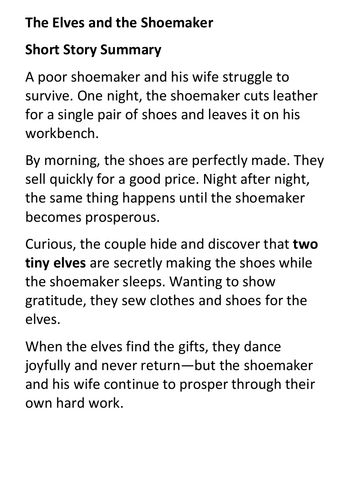 The Elves and the Shoemaker Reading Comprehension