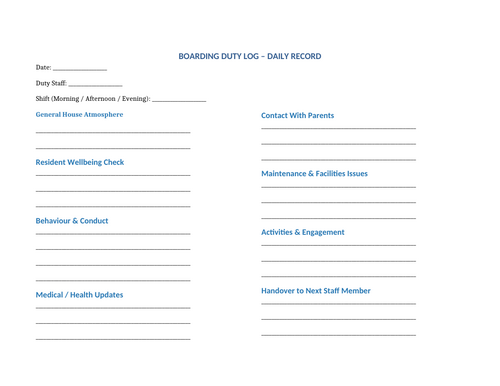 Boarding/Residential Daily and Weekly Log | Teaching Resources