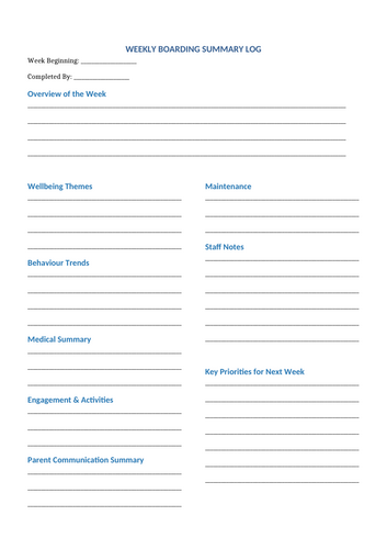 Boarding/Residential Daily and Weekly Log | Teaching Resources