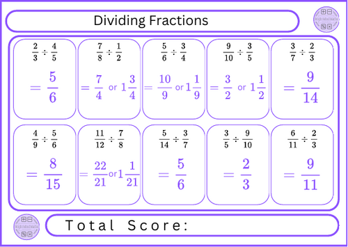 Dividing Fractions - 10 Questions | Teaching Resources