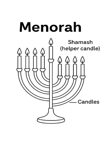 The Hanukkah Menorah (Labelled) Coloring Picture