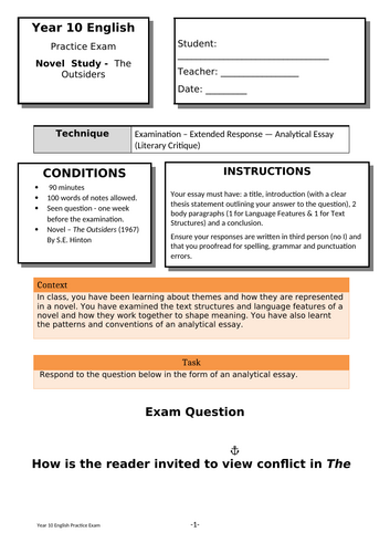 10 English – The Outsiders Novel Study – Mock Exam | Teaching Resources