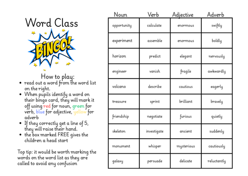 Word Class Bingo