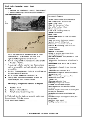 The Prelude Stealing the Boat Poem worksheet / revision / homework ...