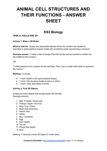 Animal Cell Structures and Their Functions - KS3 Biology Worksheet with ...