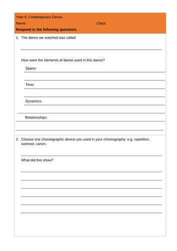 Year 6 Contemporary Dance Written Assessment