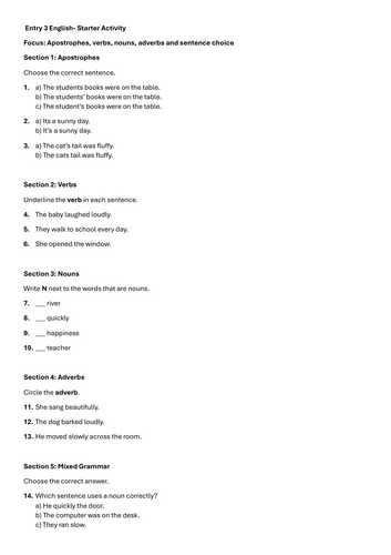 Entry 3 English- Grammar Starter Quiz