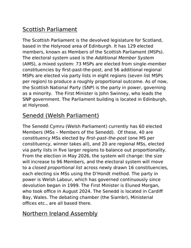 Key Features of Each Devolved Legislature