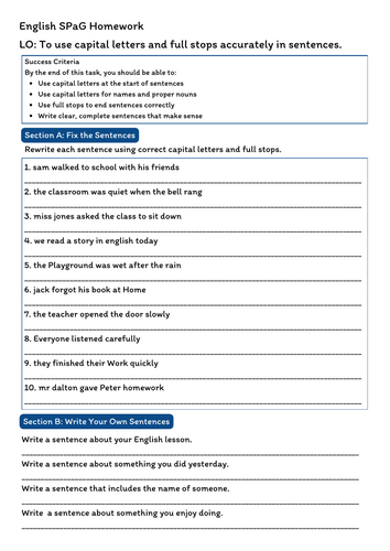 KS3 SPaG Homework Bundle | Capital Letters, Commas & Sentence Types ...