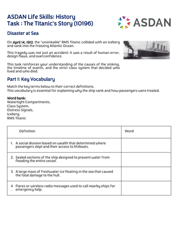 ASDAN Life Skills - History - Titanic Story - 10196