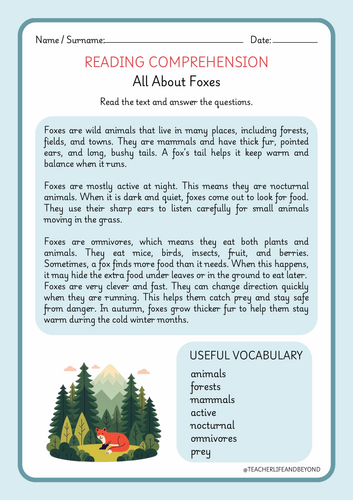 Year 2 Reading Comprehension - All About Foxes and Benny the Brave ...