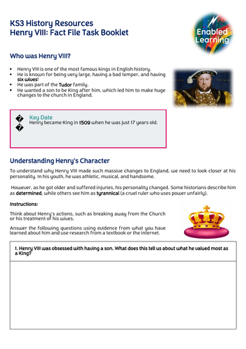 KS3 History - Henry VIII Fact Finding Task Booklet