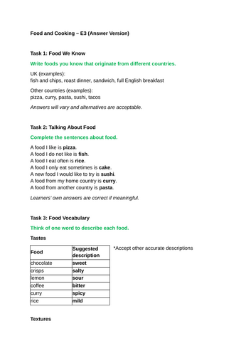 E3 ESOL Food & Cooking Lesson Pack – Reading, Writing, Grammar ...