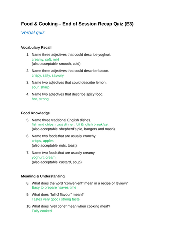 E3 ESOL Food & Cooking Lesson Pack – Reading, Writing, Grammar ...