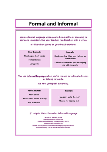 Formal vs Informal language - helpsheet