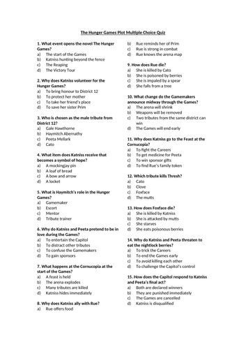 The Hunger Games Plot Multiple Choice Quiz
