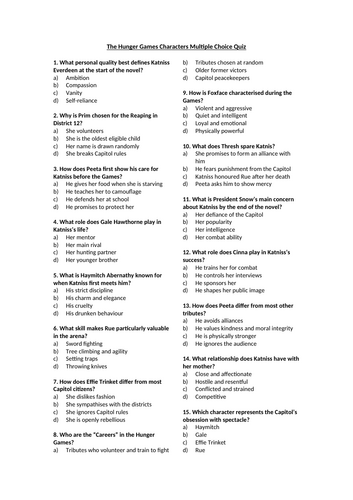 The Hunger Games Characters Multiple Choice Quiz