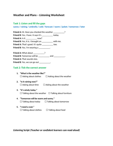 Pre-Entry Adult ESOL Weather Worksheets – Vocabulary, Listening ...