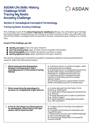 ASDAN Life Skills - History - Tracing your Roots -  Challenge 10125