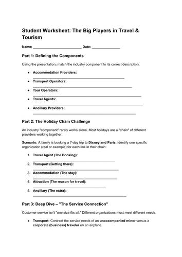 BTEC International L2 Travel & Tourism Unit 2 A1 L2 | Teaching Resources