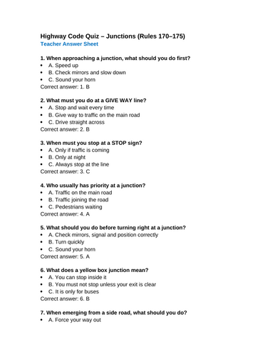 ESOL Driving Theory – Highway Code Rules 170–175 | Junctions Printable ...