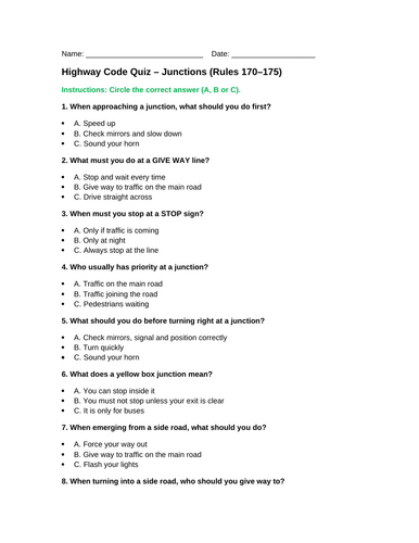 ESOL Driving Theory – Highway Code Rules 170–175 | Junctions Printable ...